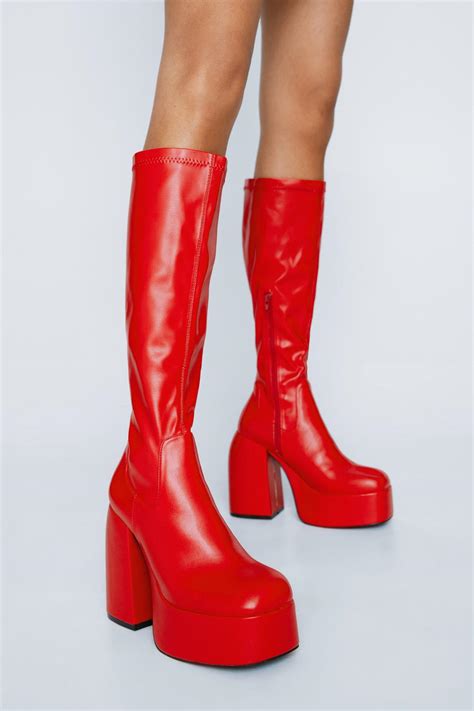 Faux Leather Knee High Platform Boots Nasty Gal