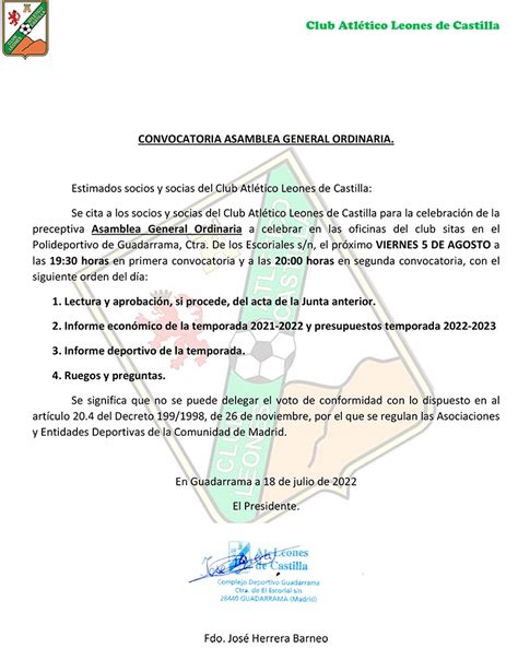 SOCIOS CONVOCATORIA ASAMBLEA GENERAL ORDINARIA Club Atlético