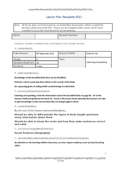 Lesson Plan Grade 5 English Fal Term 1