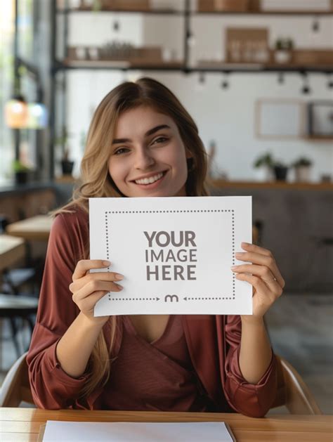 Smiling Woman at A Table Holding a Blank Paper Mockup - Mediamodifier