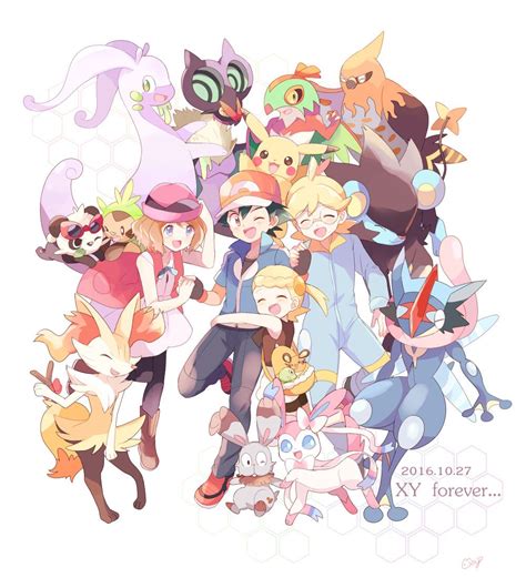 Ash Ketchum Serena Clemont And Bonnie Alongside With Their Respective