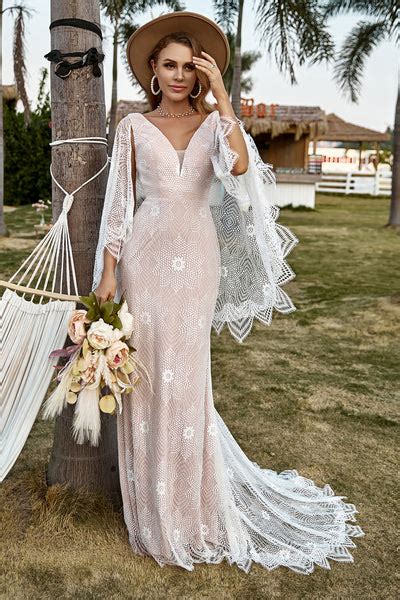 Zapaka Women Ivory And Champagne Lace Boho Wedding Dress V Neck Beach Bridal Dress With Cape