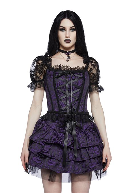 Widow Brocade Satin Lace Up Puff Sleeve Corset Purple Dolls Kill