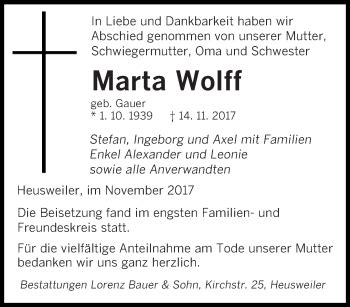 Traueranzeigen Von Marta Wolff Saarbruecker Zeitung Trauer De