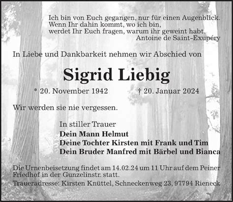 Traueranzeigen Von Sigrid Liebig Trauer Anzeigen De