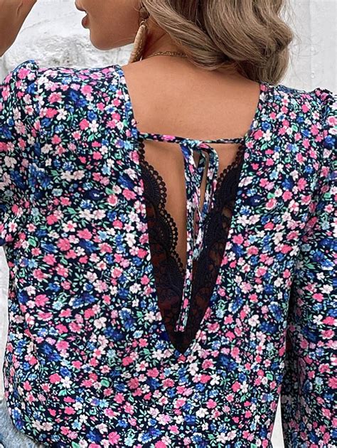 Shein Frenchy Ditsy Floral Print Tie Back Flounce Sleeve Blouse Shein