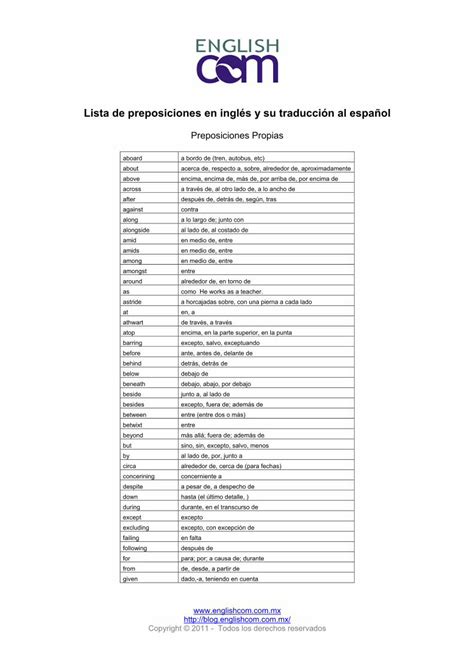 Pdf Lista De Preposiciones En Ingl S Y Su Traducci N Al