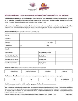 Fillable Online Officials Application Form Queensland Underage State