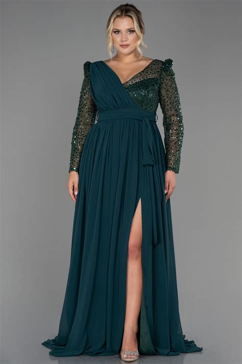 Long Emerald Green Chiffon Plus Size Evening Dress Abu3186