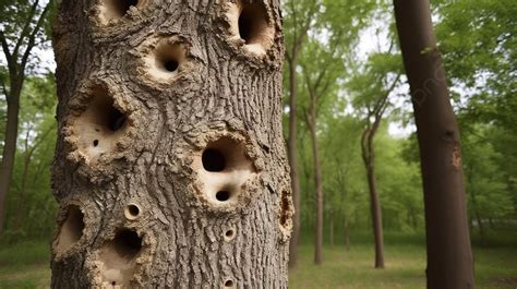 Fondo Agujeros En El árbol Por Los Pájaros Carpinteros Y Taladros Fondo