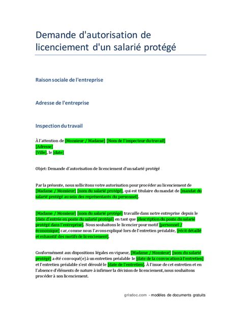 Demande d autorisation de licenciement d un salarié protégé DOC PDF