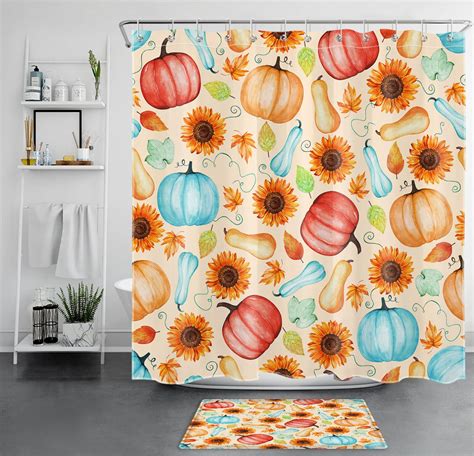 Inpercust Autumn Harvest Shower Curtain With Red Pumpkin And Sunflower