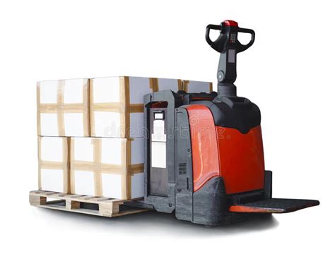 Electric Forklift Pallet Jack With Package Boxes On Pallet Isolated On