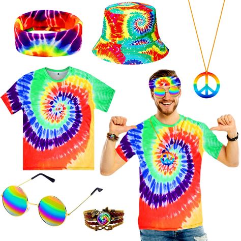 6 Pcs Hippie Costume Set for Men 60s 70s Outfit Colorful Tie-Dye T
