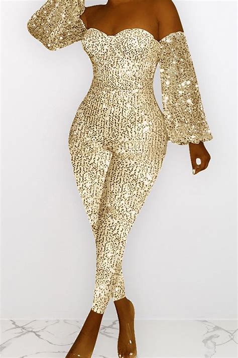 Lovely Casual Dew Shoulder Sequined Gold One Piece Jumpsuit Jumpsuits