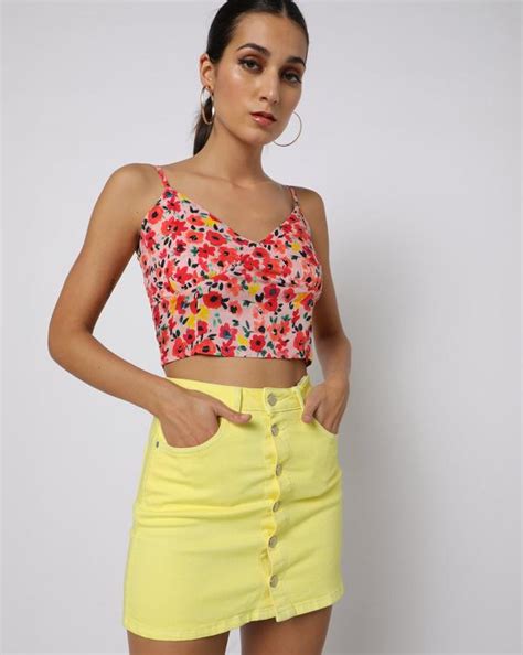 Floral Print Slim Fit Strappy Crop Top Jiomart