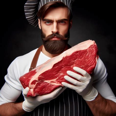 Retrato De Un Carnicero Con Un Gran Pedazo De Carne Aislado Sobre Un