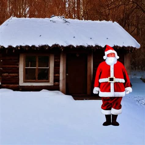 Santa Standing Outside A Snow Covered Cottage In Stable Diffusion