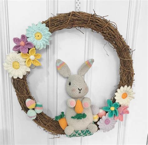 Easter Bunny Wreath Crochet Pattern Spring Wall Hanging Spring Flowers Door Decor Spring