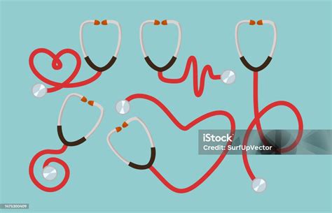 Different Red Stethoscopes Vector Illustrations Set Stock Illustration