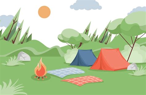 Ilustração plana de acampamento de verão barracas de acampamento