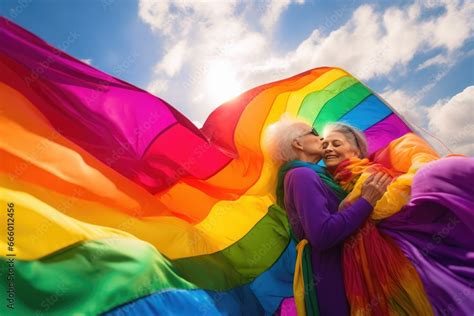 Older Lesbian Couple Hugging Each Other With A Huge Lgtbi Flag In The