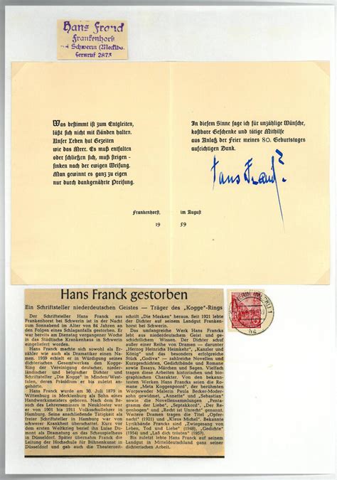 Billett Mit Gedr Gedicht Und Eigenh U Von Franck Hans