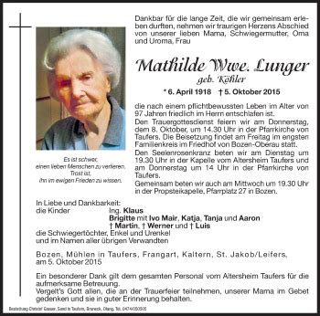 Traueranzeigen Von Mathilde Lunger Trauer Bz