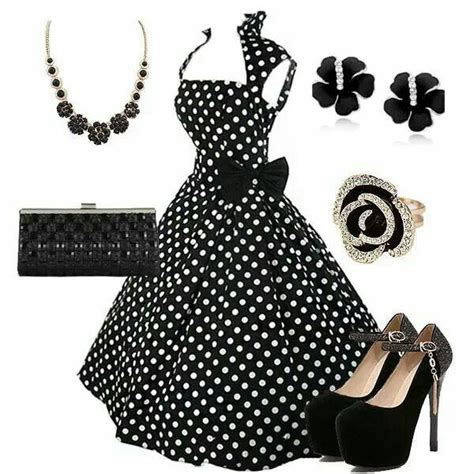 Black And White Polka Dot Fit And Flare Dress With Suggested Accessories Pin Up Outfits Prom