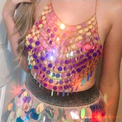 Sethain Boho Layered Body Chain Red Sequin Chains Top Night Club Bikini Multilayered Shining