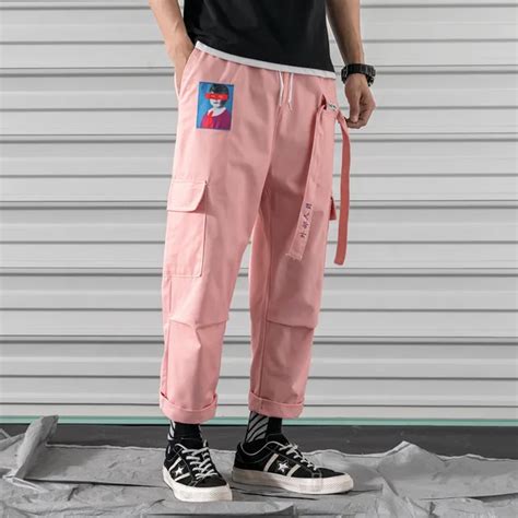 Cargo Harem Pink Pants Mens Casual Joggers Baggy Ribbon Tactical Trousers Harajuku Streetwear