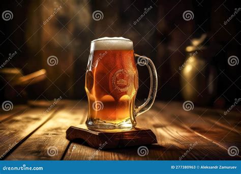 Beer Glass With White Beer Foam On A Wooden Table Background Ai