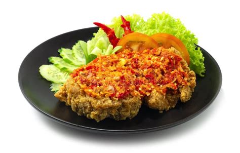 Ayam Geprek Indonesian Food Crispy Fried Chicken With Hot And Spicy Sambal Chili Sauce Stock