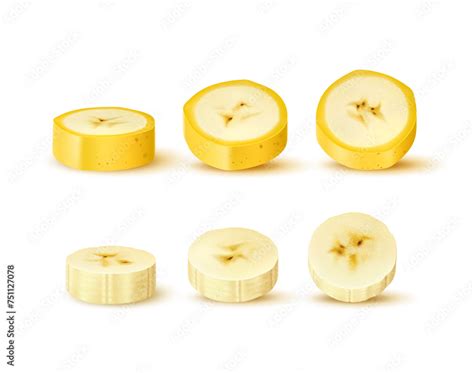 Realistic Sliced Banana Fruit Ripe Peeled And Unpeeled Circular Slices