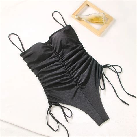 Thin Shoulder Strap Swimsuit Sexy Pure Color Fold Women One Piece