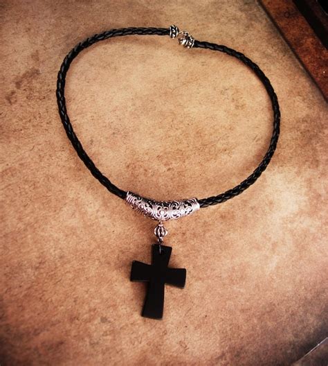 Black Gothic Cross Necklace Onyx Medieval Cross Leather Etsy