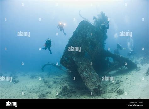 Scuba Divers Exploring The Stern Section Of A Large Underwater