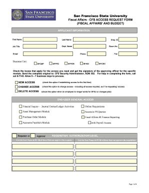 Fillable Online Fiscaff Sfsu Fiscal Affairs CFS ACCESS REQUEST FORM Fax