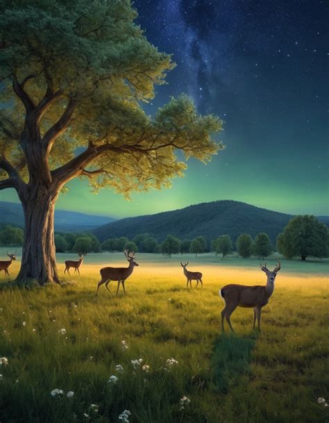 A Tranquil Meadow Filled With Grazing Deer Under A Starlit Sky Sevenart