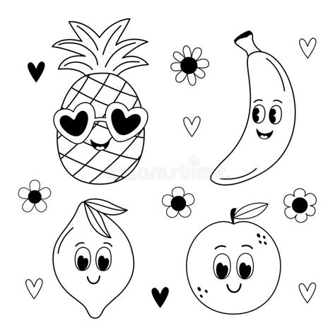 Conjunto Aislado Contorno Lindo Piña Banana Limón Naranja Ilustración