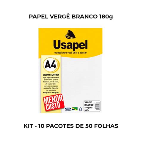 PAPEL VERGE A4 BRANCO 180G 50 FOLHAS USAPEL KIT 10 PACOTES Shopee