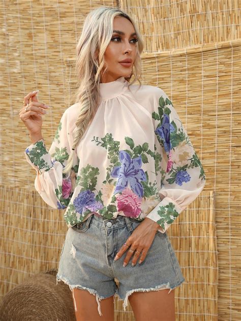 Shein Clasi Blusa Con Estampado Floral De Cuello Alto De Manga Ragl N