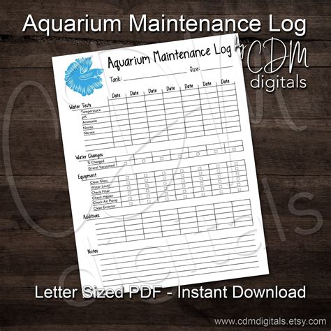 PRINTABLE Aquarium Maintenance Log Sheet Fish Tank Journal Letter