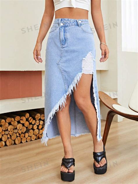 SHEIN Essnce Ripped Raw Hem Denim Skirt SHEIN USA