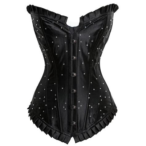 Black Satin Beading Overbust Corset Top With G String Women Blue Purple