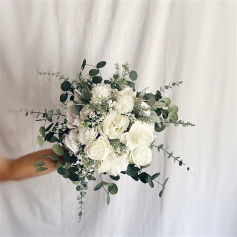 Faux Bridal Bouquet With White Flowers And Eucalyptus Bridesmaid