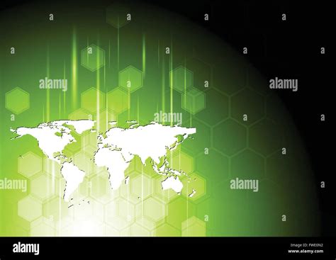 Tecnología de fondo verde brillante con hexágonos y el dibujo del mapa