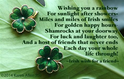 Two Green Shamrocks Sitting On Top Of A Leaf With A Poem Written Below Them