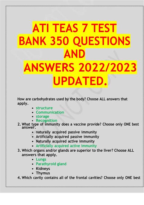 Ati Teas 7 Test Bank 350 Questions And Answers 20222023 Updated Ati