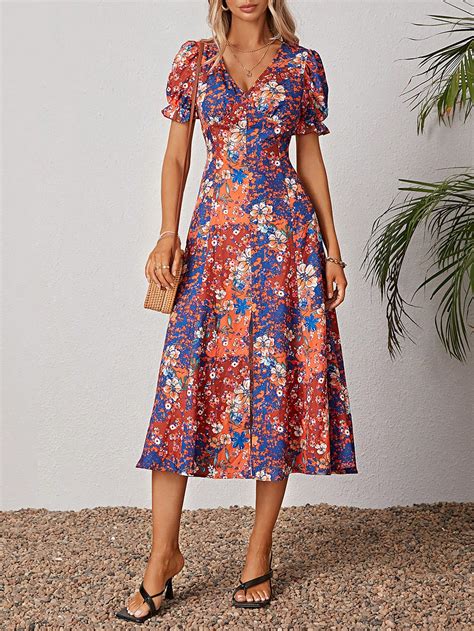 Shein Vcay Allover Floral Print Puff Sleeve Split Thigh Dress Shein Uk